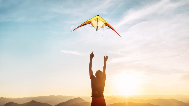 Ragazza fa volare aquilone nella natura